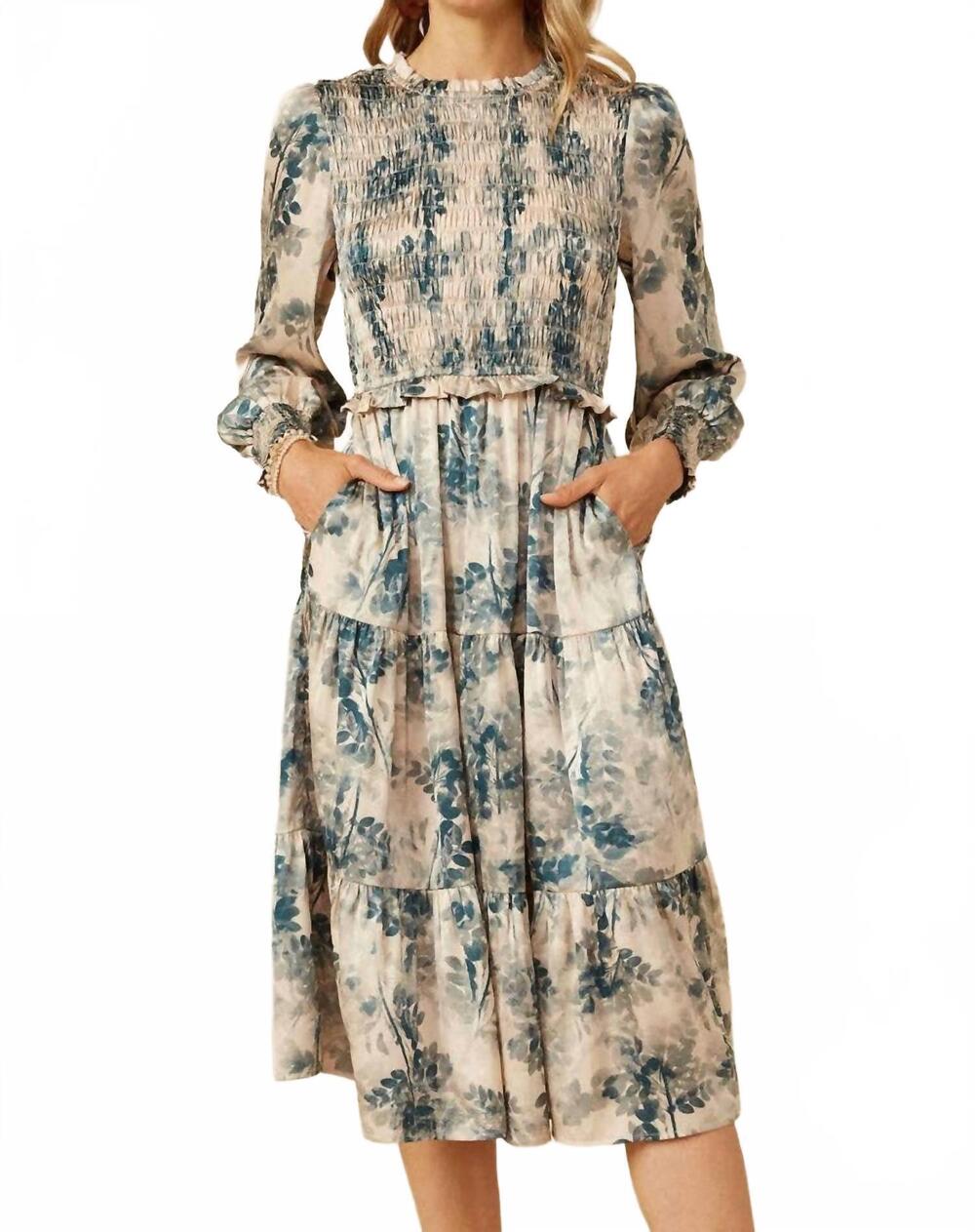 NEW HAYDEN LA botanical print smocked bodice satin dress in beige